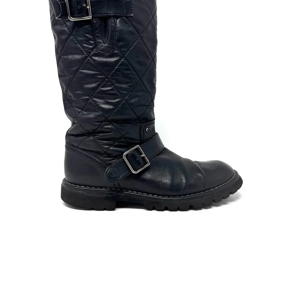 Chanel Black Quilted Calfskin Leather Biker Boots – CC Logo Moto Style (Sz 38.5)